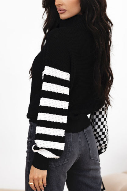 Striped & Checkered Turtleneck Dropped Shoulder Sweater-Angel Casuals