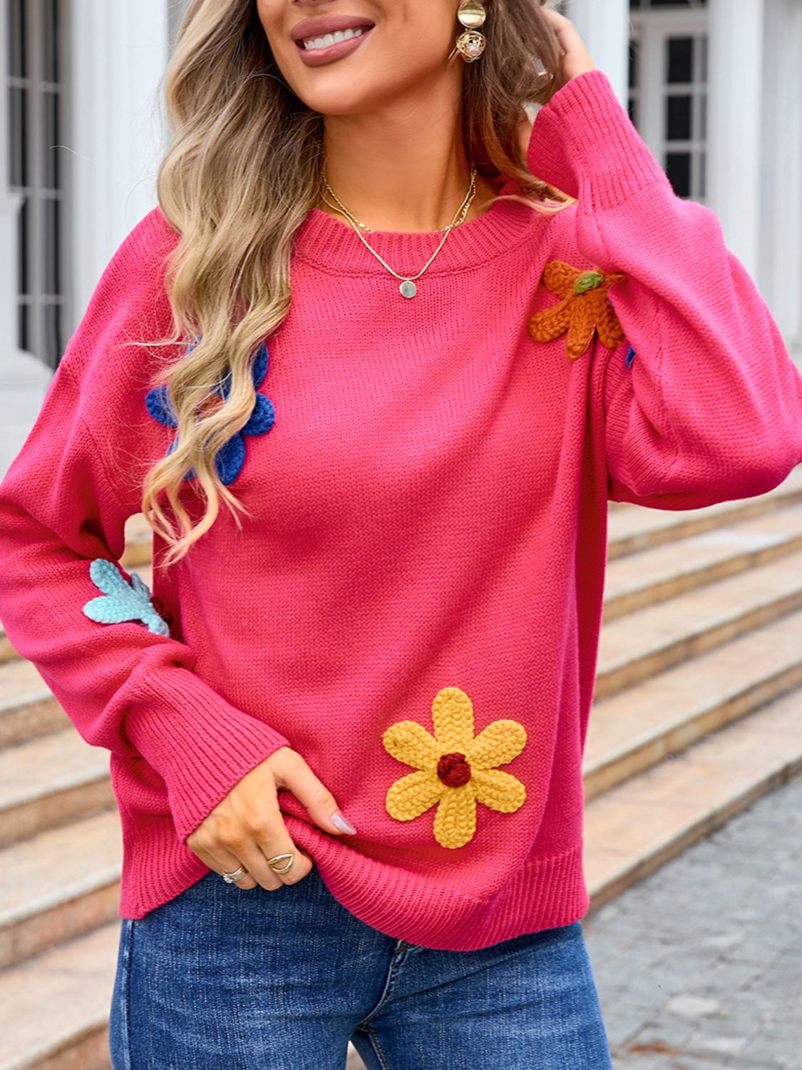 Angel Wings Crochet Flower Round Neck Sweater-Angel Casuals