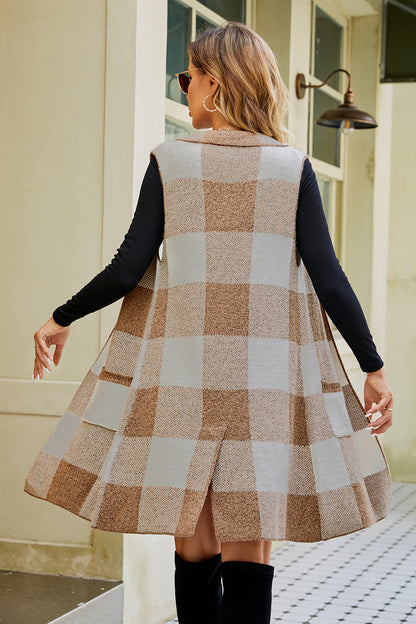 Plaid Open Front Sleeveless Cardigan with Pockets-Angel Casuals