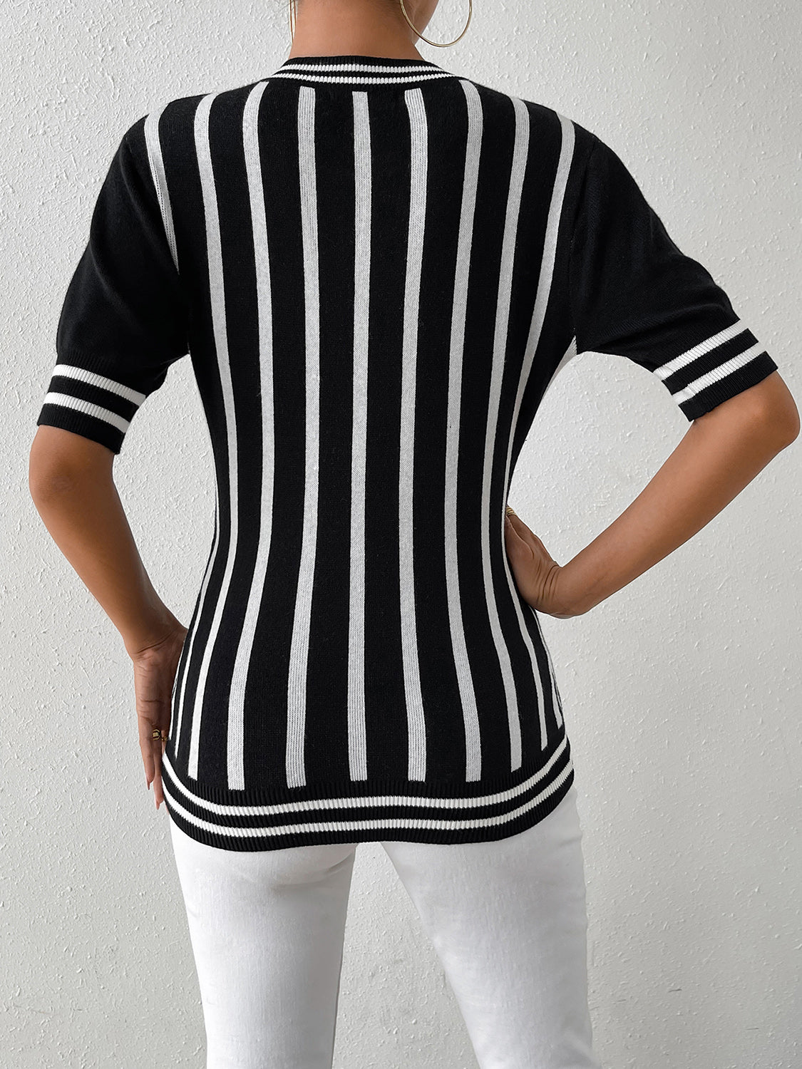 Striped Round Neck Half Sleeve Knit Top-Angel Casuals