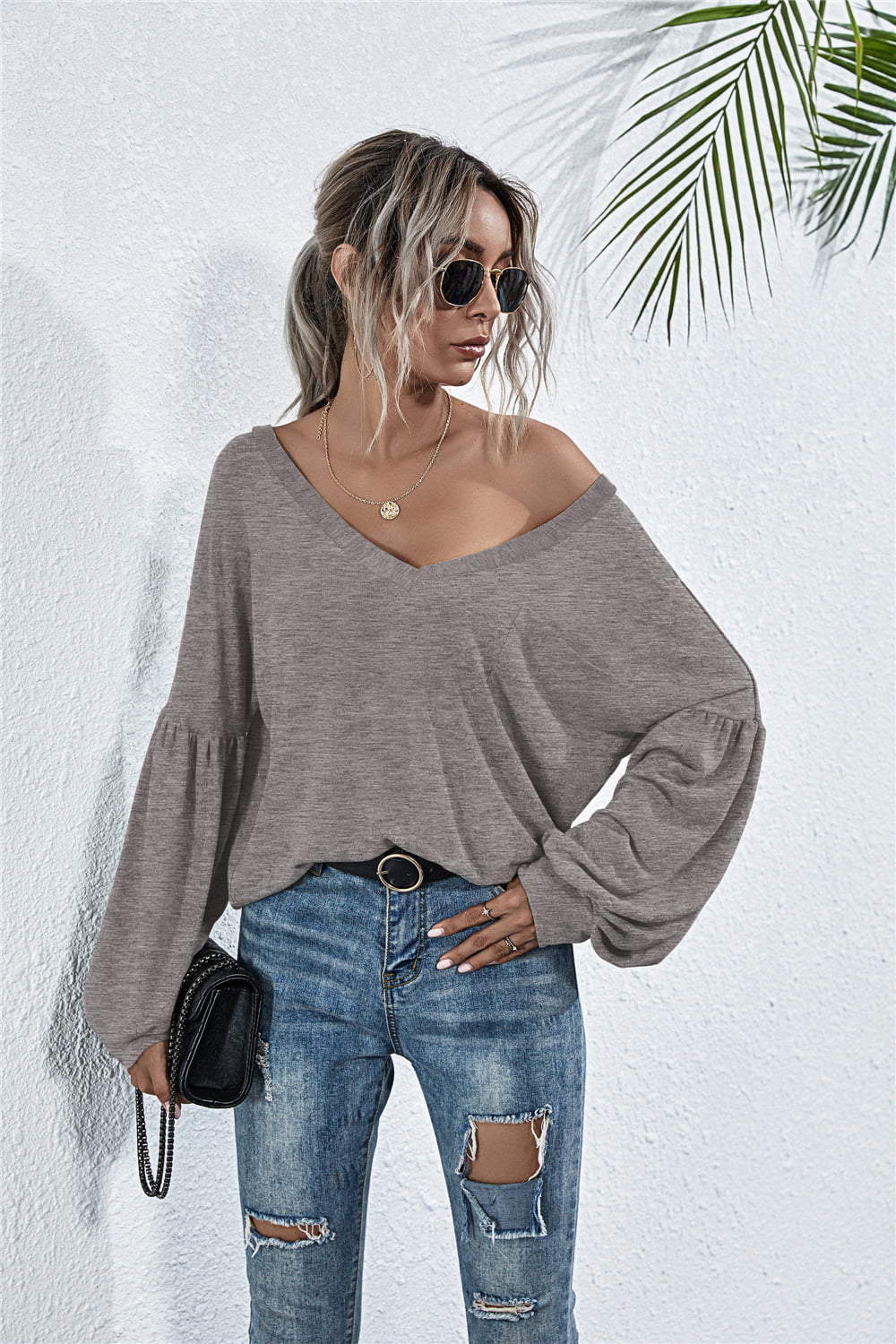 V-Neck Long Sleeve Dropped Shoulder Knit Top-Angel Casuals