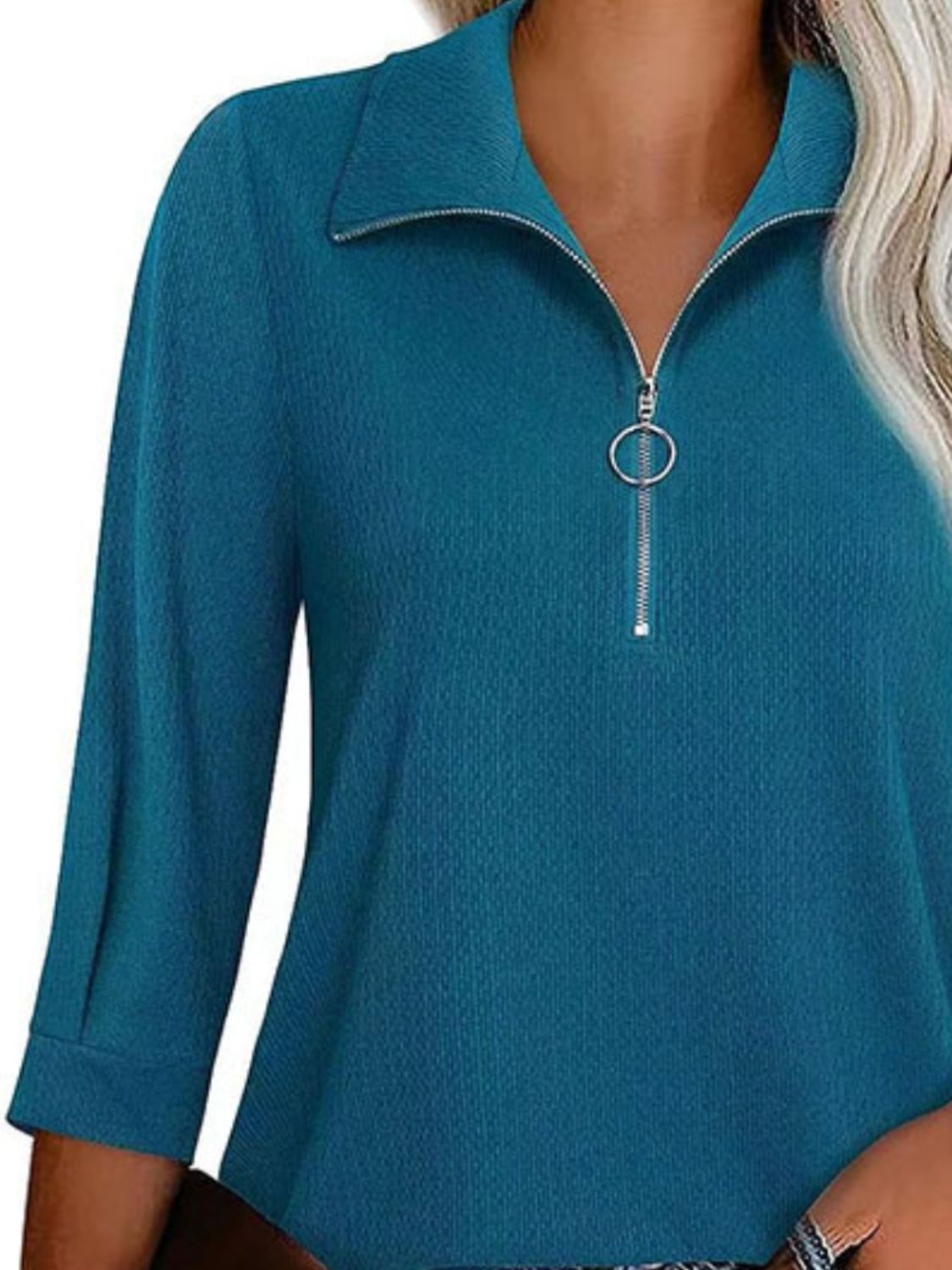 Half Zip Collared Neck Three-Quarter Sleeve T-Shirt-Angel Casuals