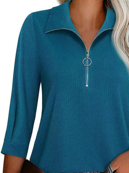 Half Zip Collared Neck Three-Quarter Sleeve T-Shirt-Angel Casuals