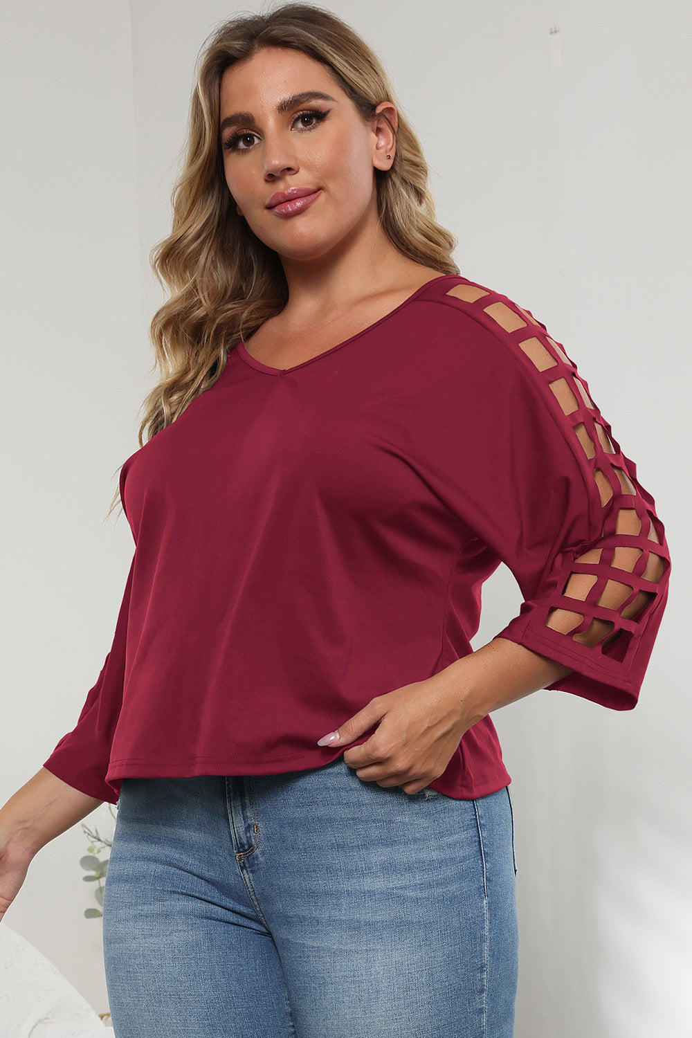 3/4 Sleeve Cutout Detail Top-Angel Casuals