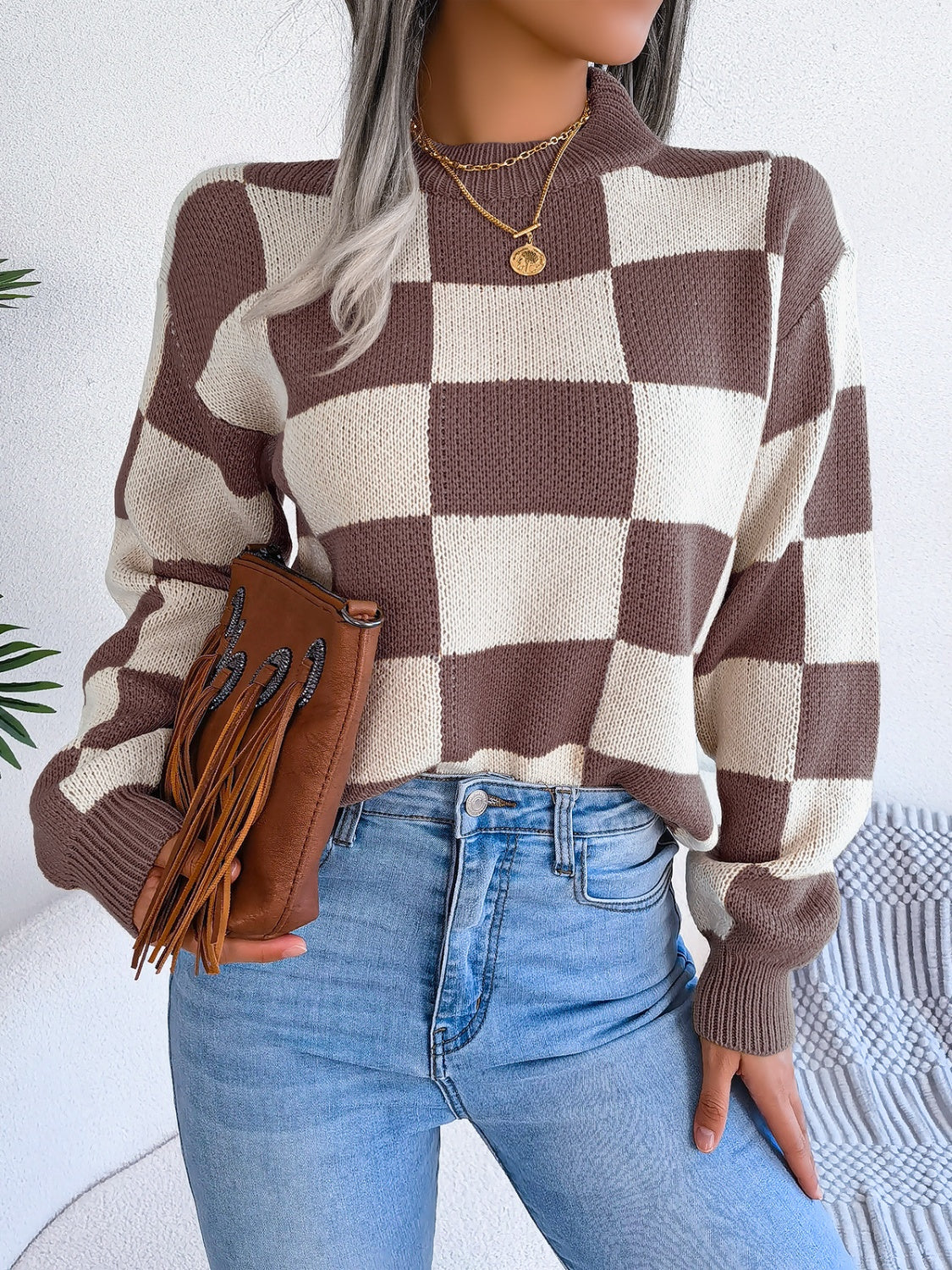 Checkered Mock Neck Long Sleeve Sweater-Angel Casuals