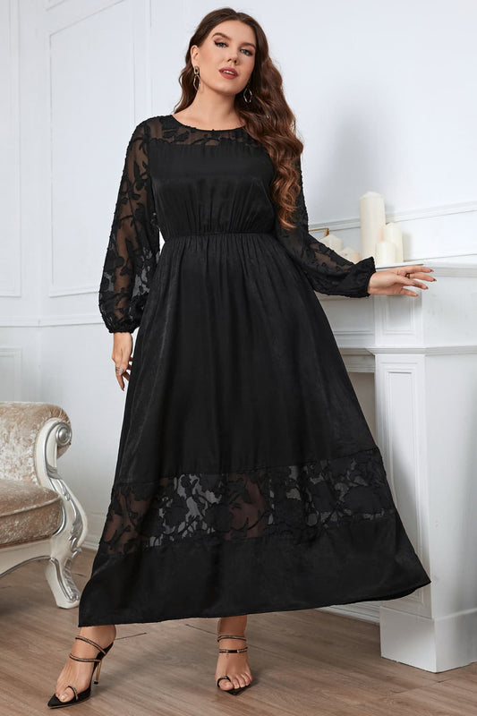 Melo Apparel Plus Size Embroidery Round Neck Long Sleeve Maxi Dress-Angel Casuals