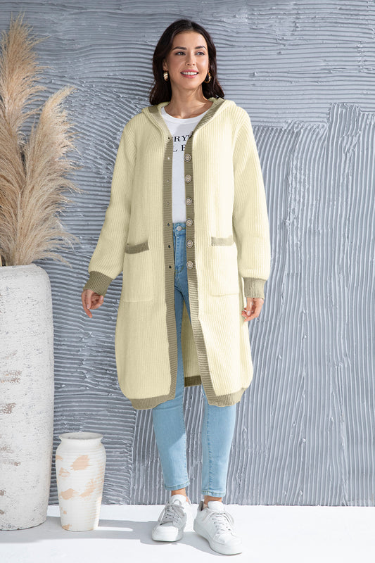 Button Up Contrast Trim Hooded Cardigan-Angel Casuals