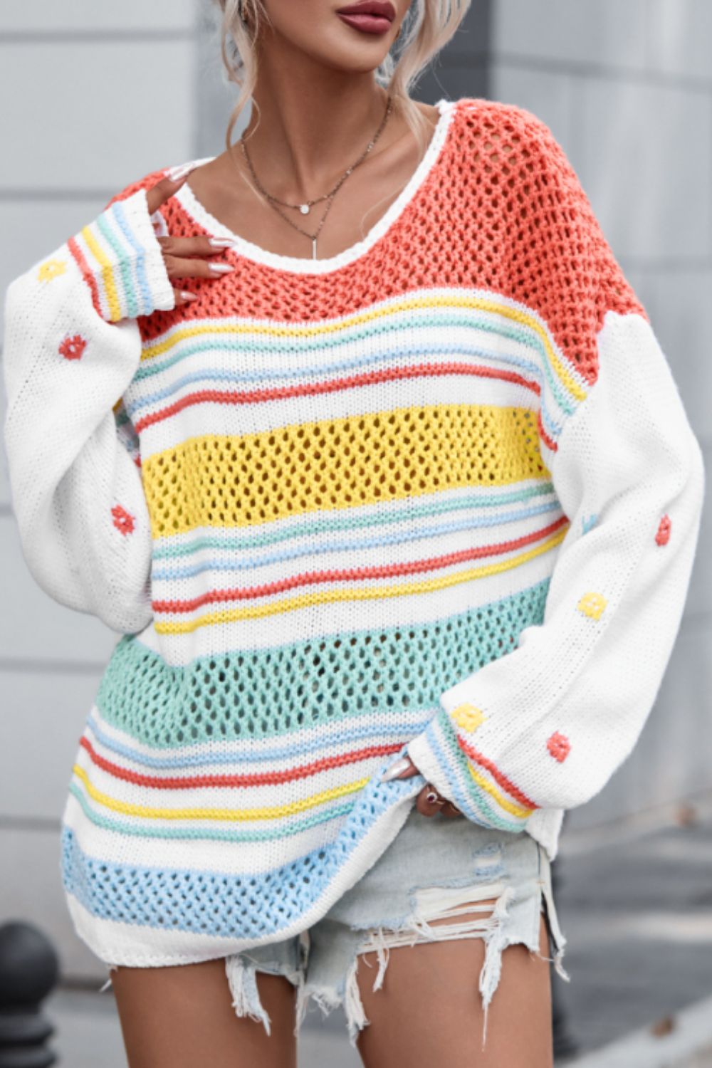 Hollow Striped Color Block Round Neck Sweater-Angel Casuals