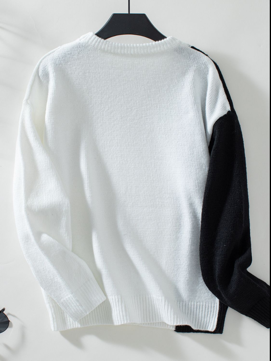 Two Tone Cable Knit Round Neck Long Sleeve Sweater-Angel Casuals