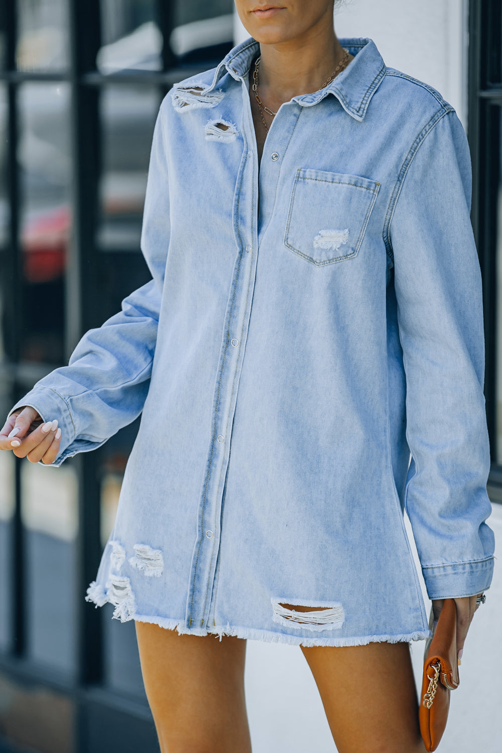 Distressed Snap Down Denim Jacket-Angel Casuals