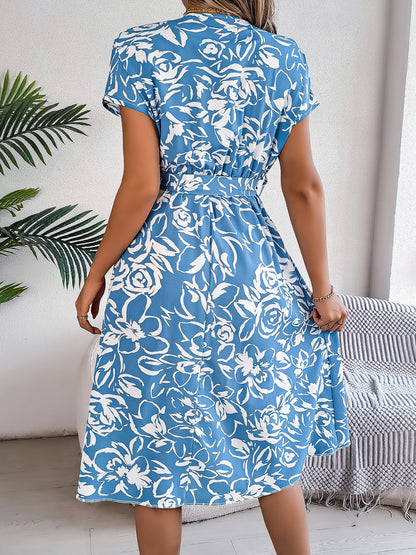 Printed V-Neck Short Sleeve Dress-Angel Casuals