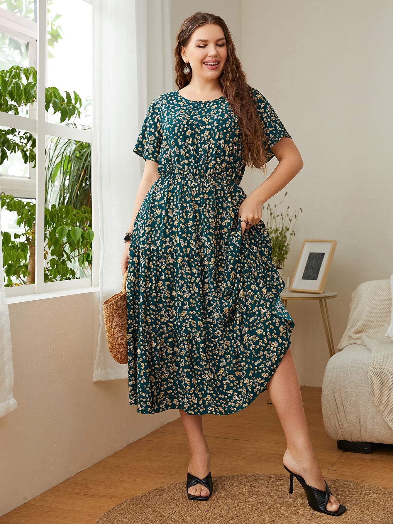 Plus Size Floral Round Neck Short Sleeve Midi Dress-Angel Casuals