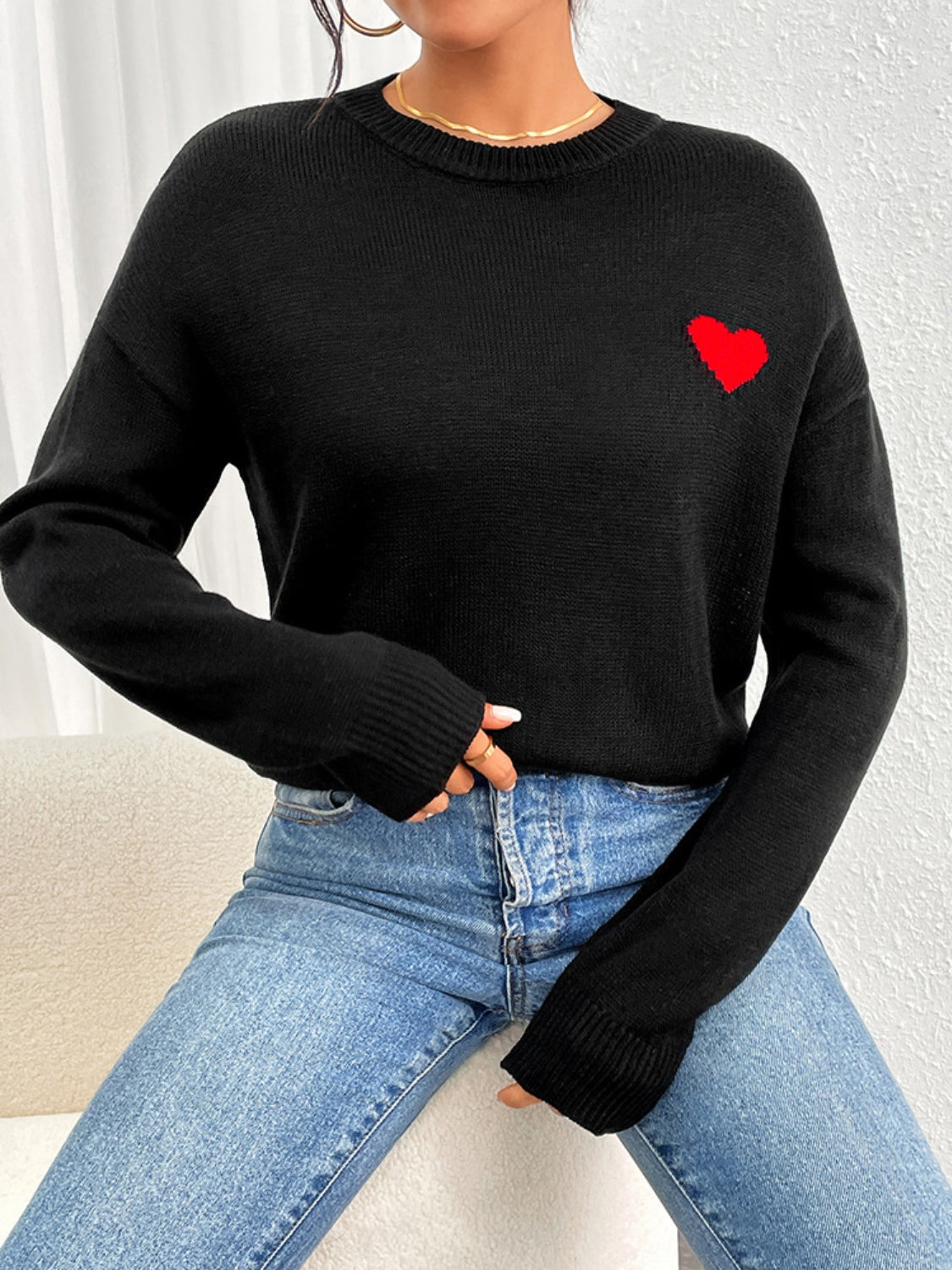 Heart Round Neck Long Sleeve Sweater-Angel Casuals