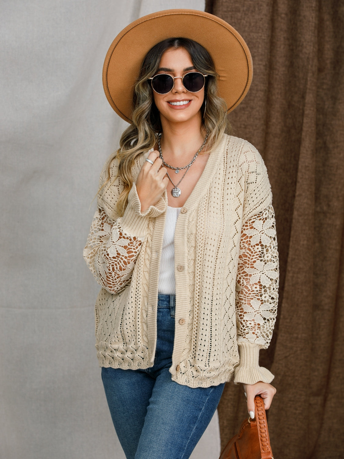 Eyelet Button Up Lantern Sleeve Cardigan-Angel Casuals