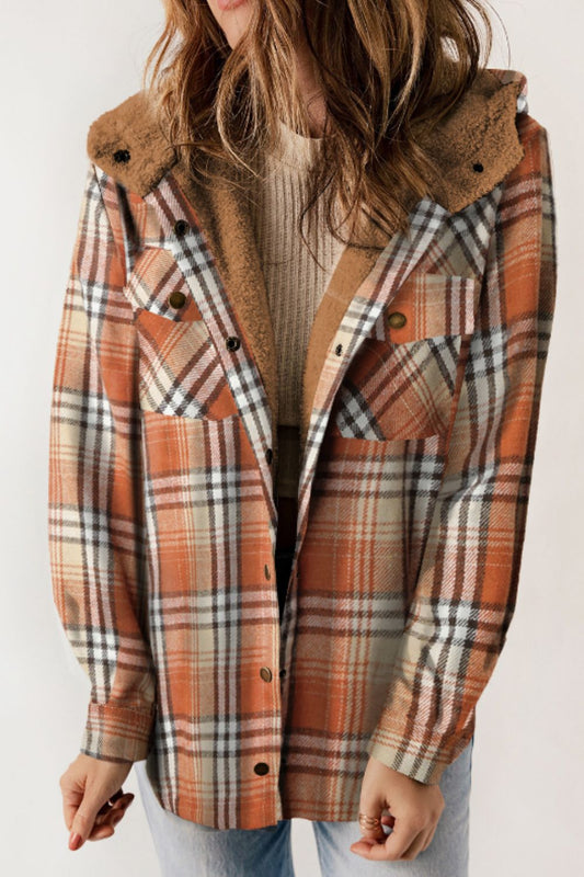 Plaid Button Up Long Sleeve Hooded Jacket-Angel Casuals