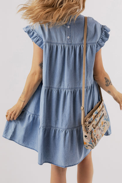 Ruffled Round Neck Cap Sleeve Denim Dress-Angel Casuals