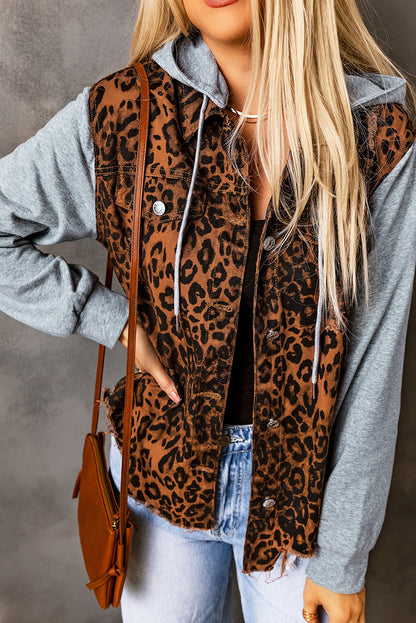 Leopard Distressed Drawstring Hooded Denim Jacket-Angel Casuals