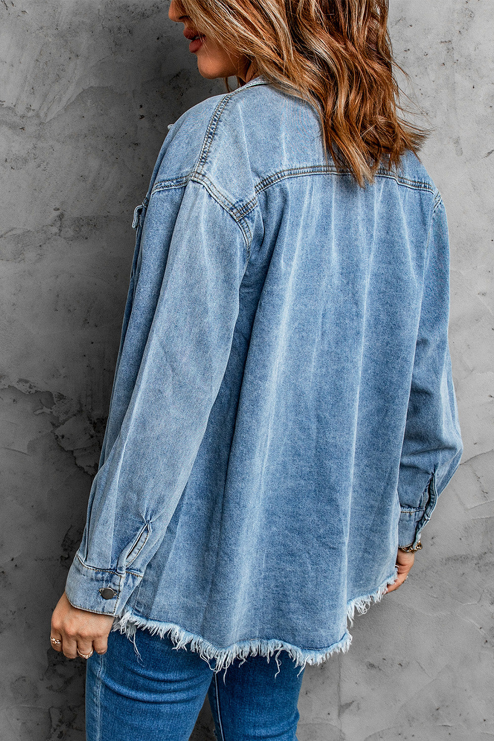 Button Up Pocketed Raw Hem Denim Jacket-Angel Casuals