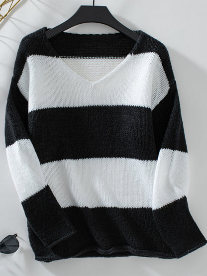 Color Block V-Neck Long Sleeve Sweater-Angel Casuals