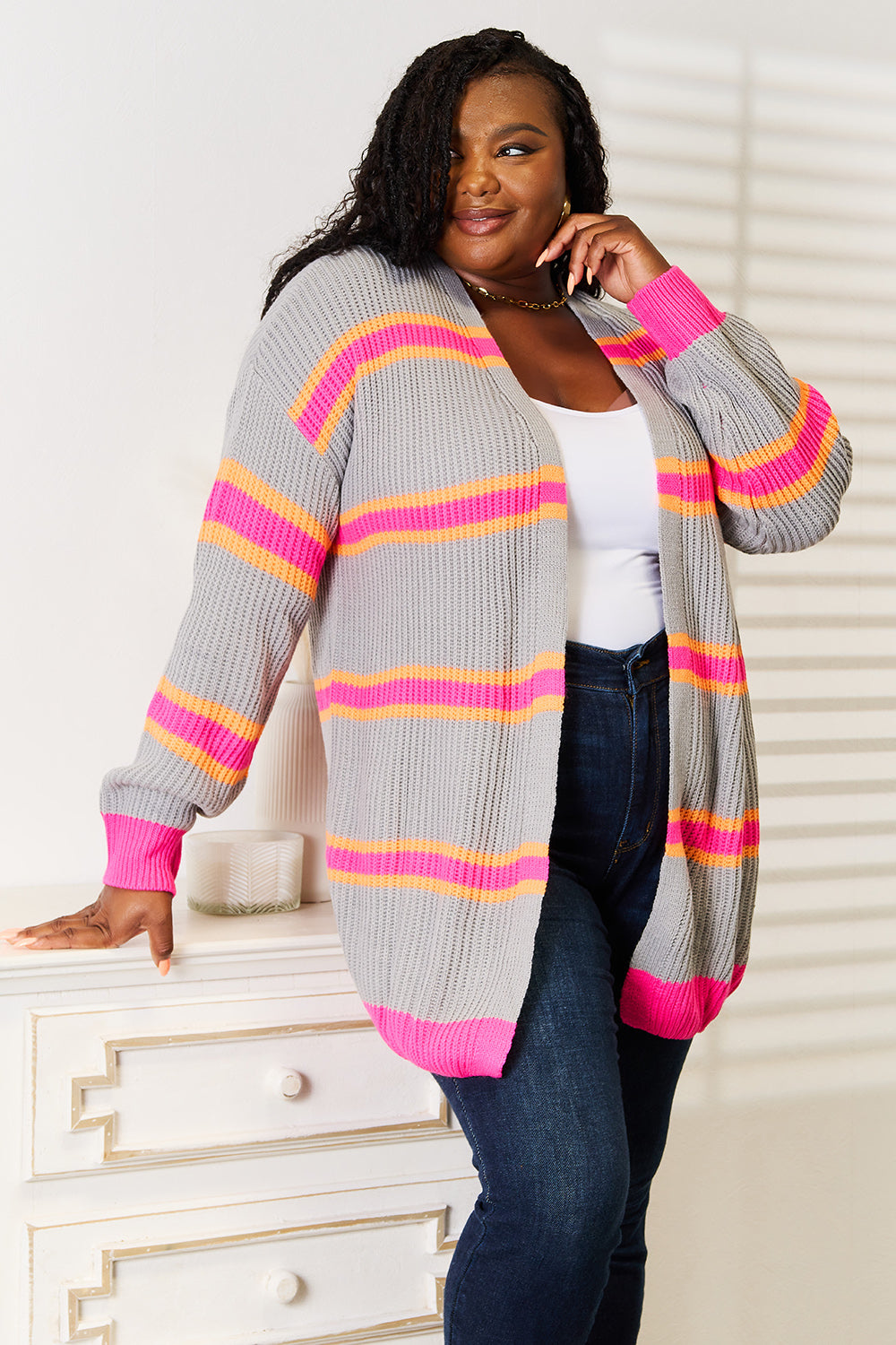 Woven Right Ribbed Long Sleeve Cardigan-Angel Casuals