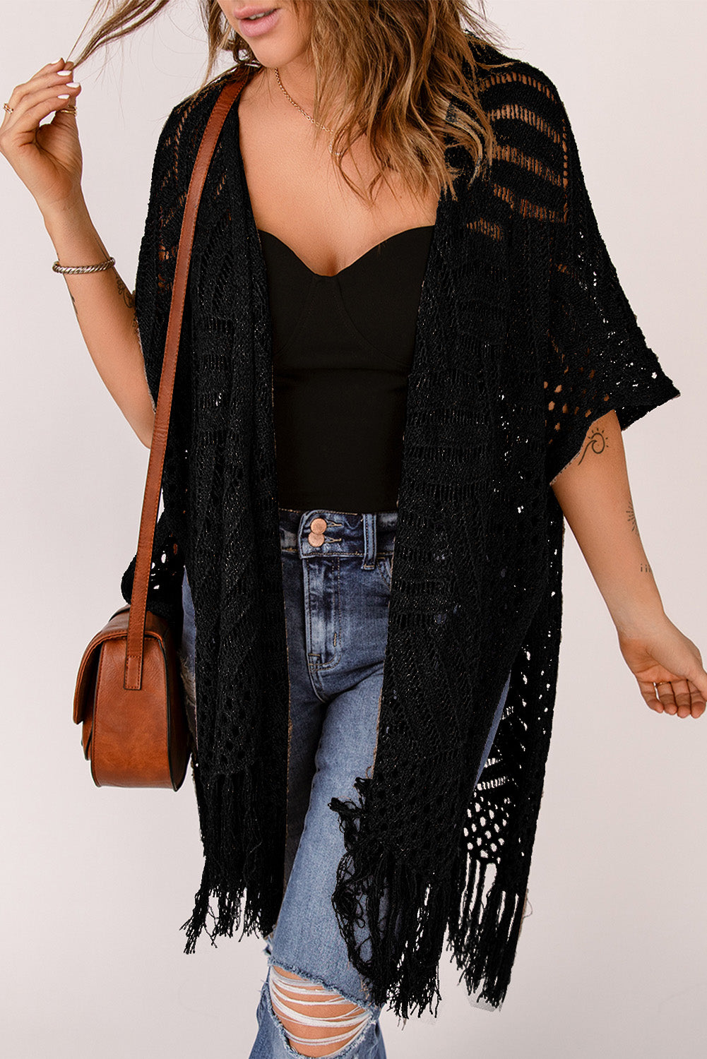 Fringe Hem Slit Open Front Cardigan-Angel Casuals