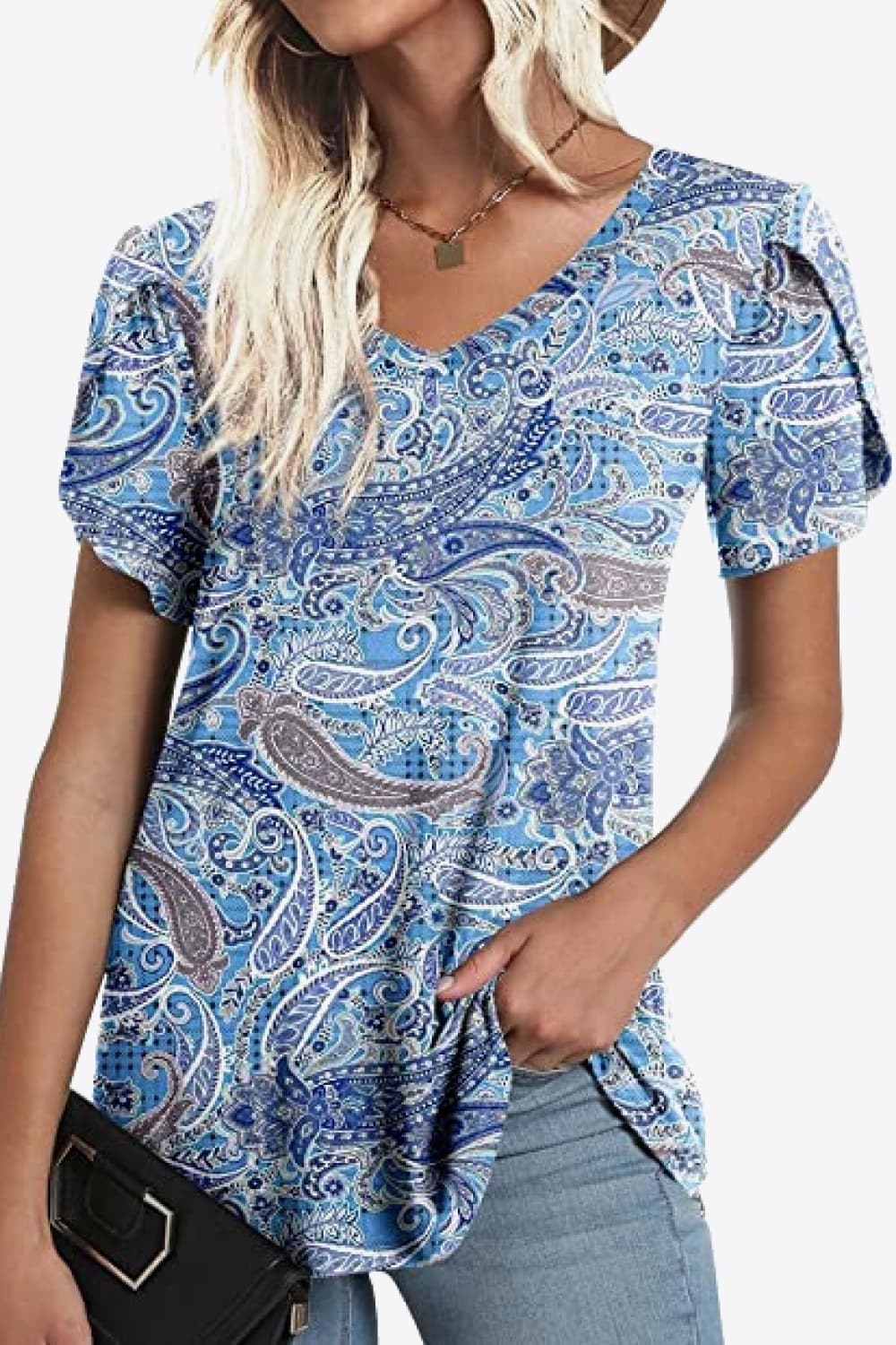 Printed Petal Sleeve V-Neck Blouse-Angel Casuals