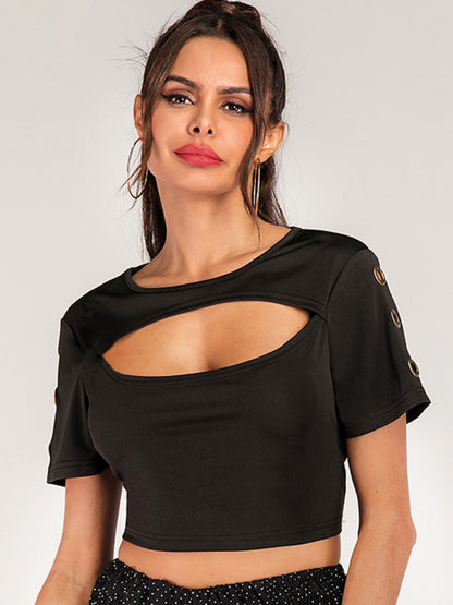 Cutout Grommet Detail Cropped Tee-Angel Casuals