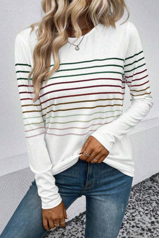 Striped Round Neck Long Sleeve T-Shirt-Angel Casuals