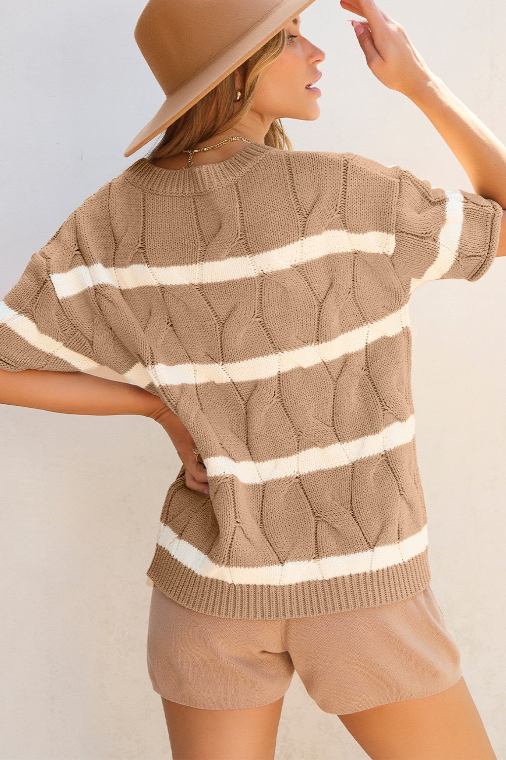 Striped Round Neck Short Sleeve Sweater-Angel Casuals