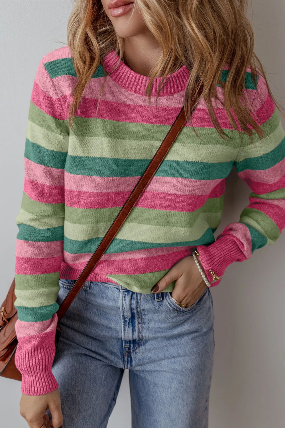 Striped Round Neck Long Sleeve Sweater-Angel Casuals