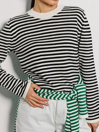 Striped Round Neck Long Sleeve Sweater-Angel Casuals