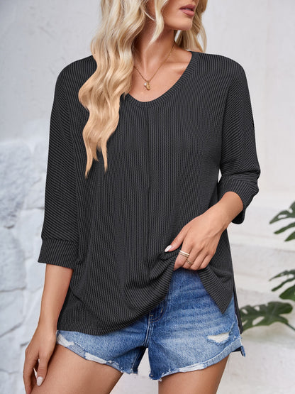 Textured Round Neck Three-Quarter Sleeve Blouse-Angel Casuals