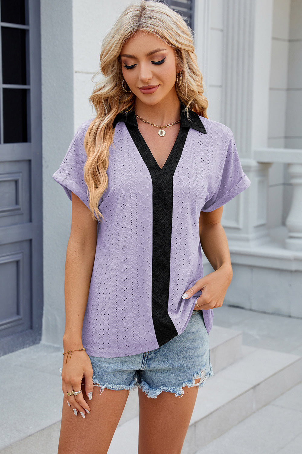 Eyelet Johnny Collar Short Sleeve T-Shirt-Angel Casuals