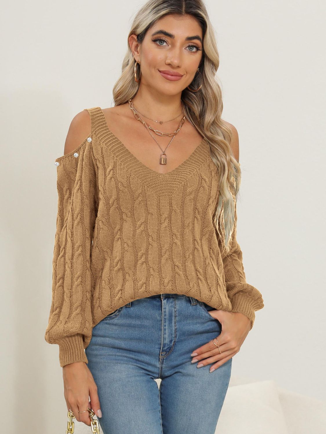 Cable-Knit Cold Shoulder Sweater-Angel Casuals