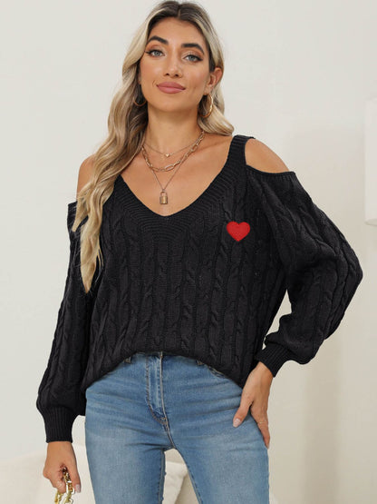 Cable-Knit Heart V-Neck Sweater-Angel Casuals