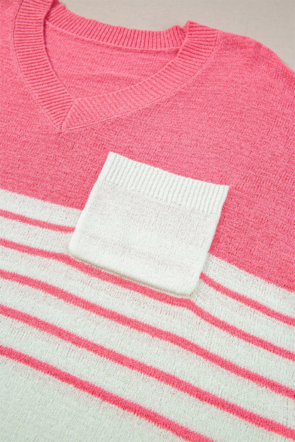 Striped V-Neck Short Sleeve Knit Top-Angel Casuals