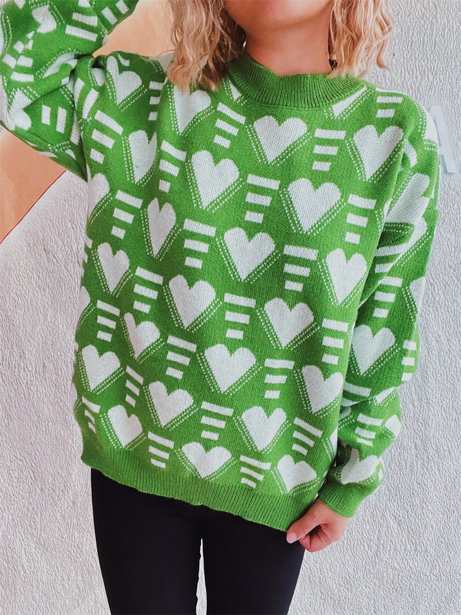 Heart Contrast Long Sleeve Dropped Shoulder Sweater-Angel Casuals