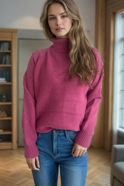 Ribbed Turtleneck Raglan Sleeve Sweater-Angel Casuals