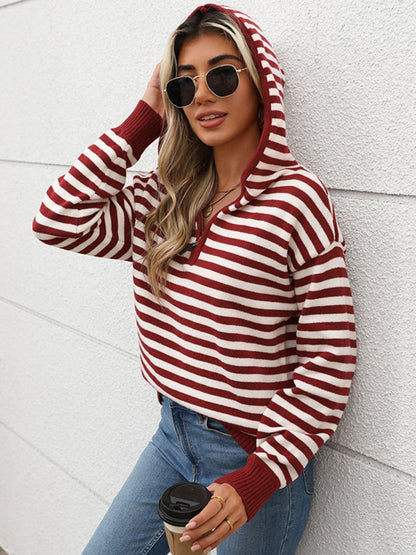 Perfee Striped Long Sleeve Hooded Sweater-Angel Casuals