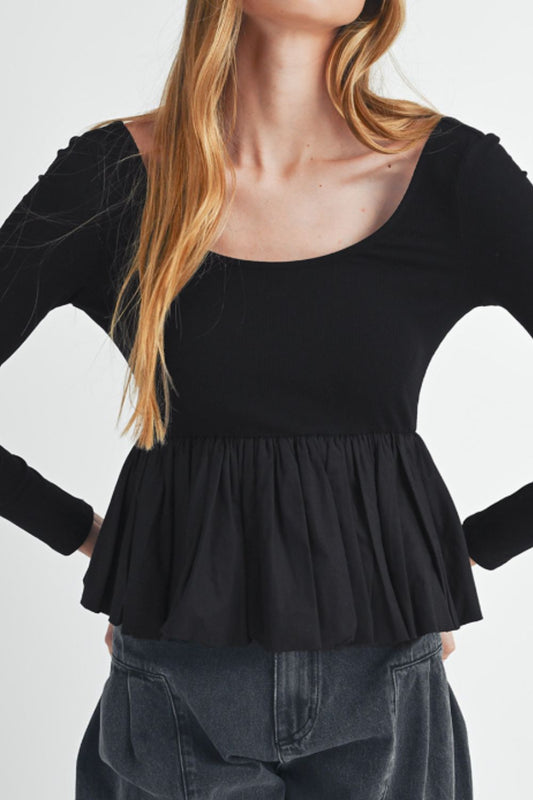 Peplum Scoop Neck Long Sleeve T-Shirt-Angel Casuals
