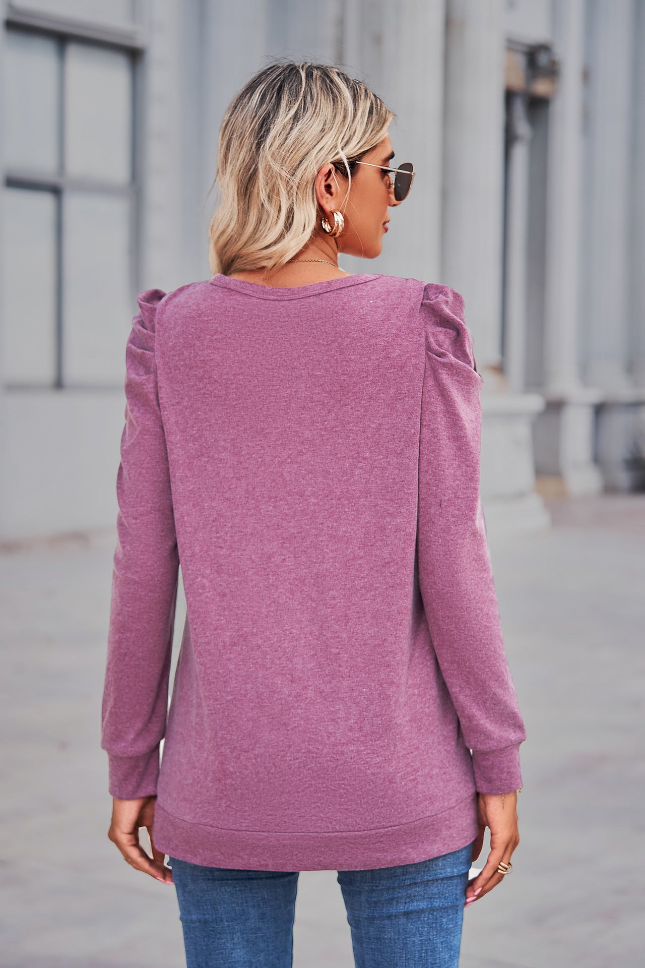 Heathered Puff Sleeve Round Neck Tunic Top-Angel Casuals