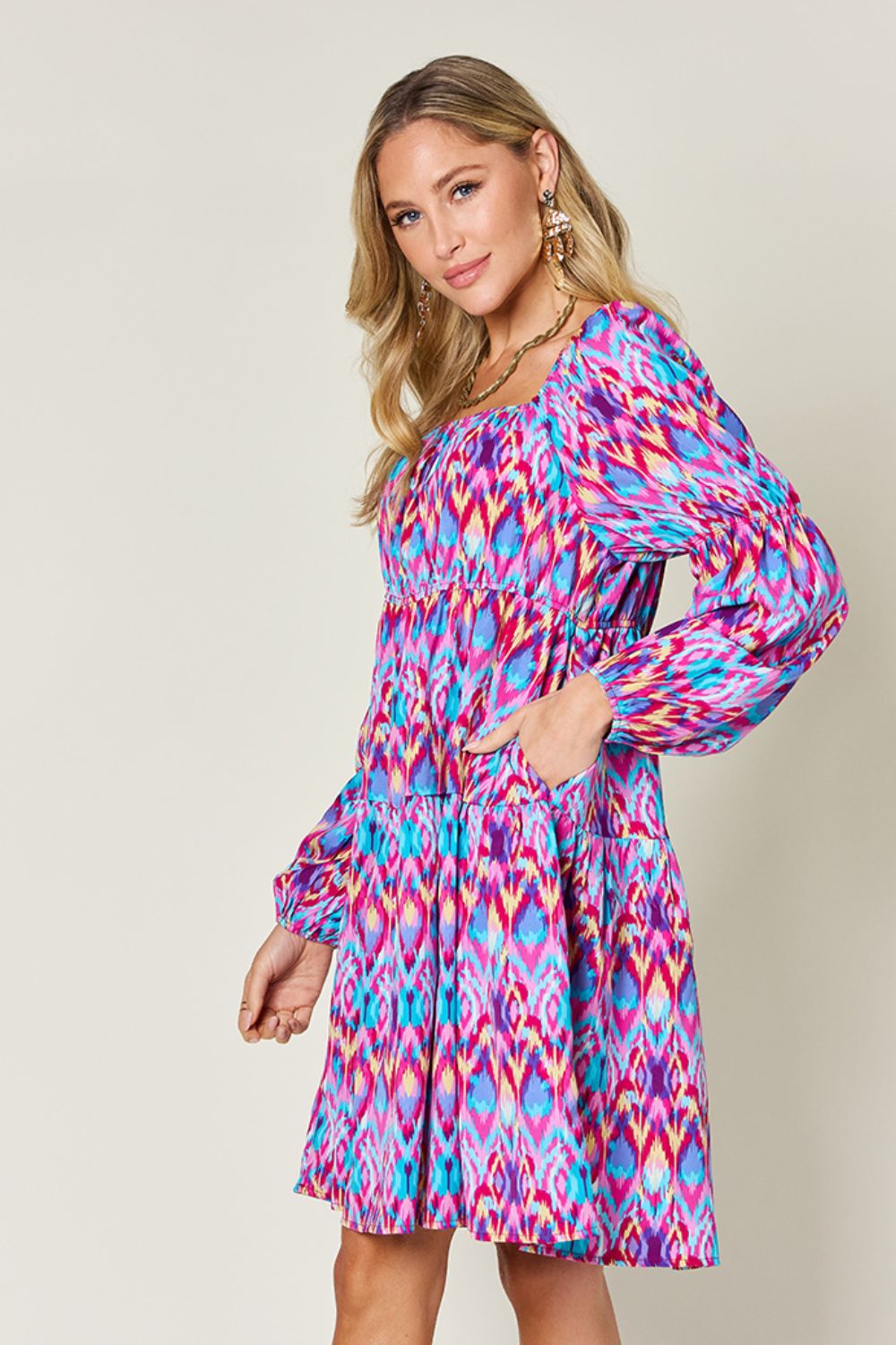 Double Take Full Size Printed Long Sleeve Dress-Angel Casuals