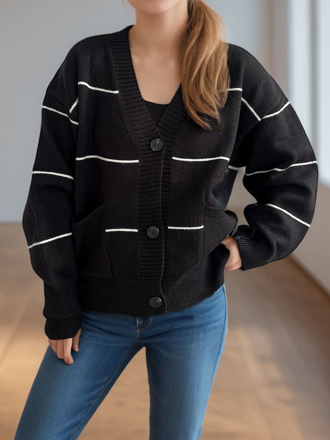 Striped Button Down V-Neck Long Sleeve Cardigan-Angel Casuals