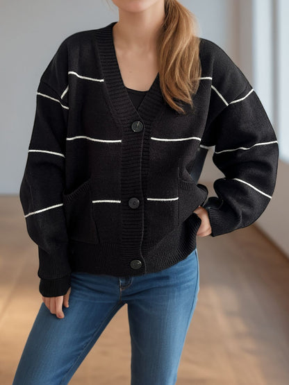 Striped Button Down V-Neck Long Sleeve Cardigan-Angel Casuals
