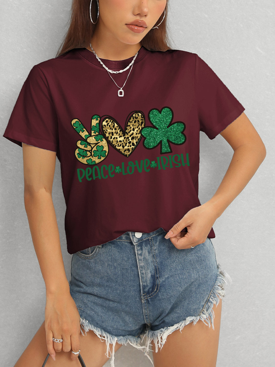 PEACE LOVE IRISH Round Neck Short Sleeve T-Shirt-Angel Casuals