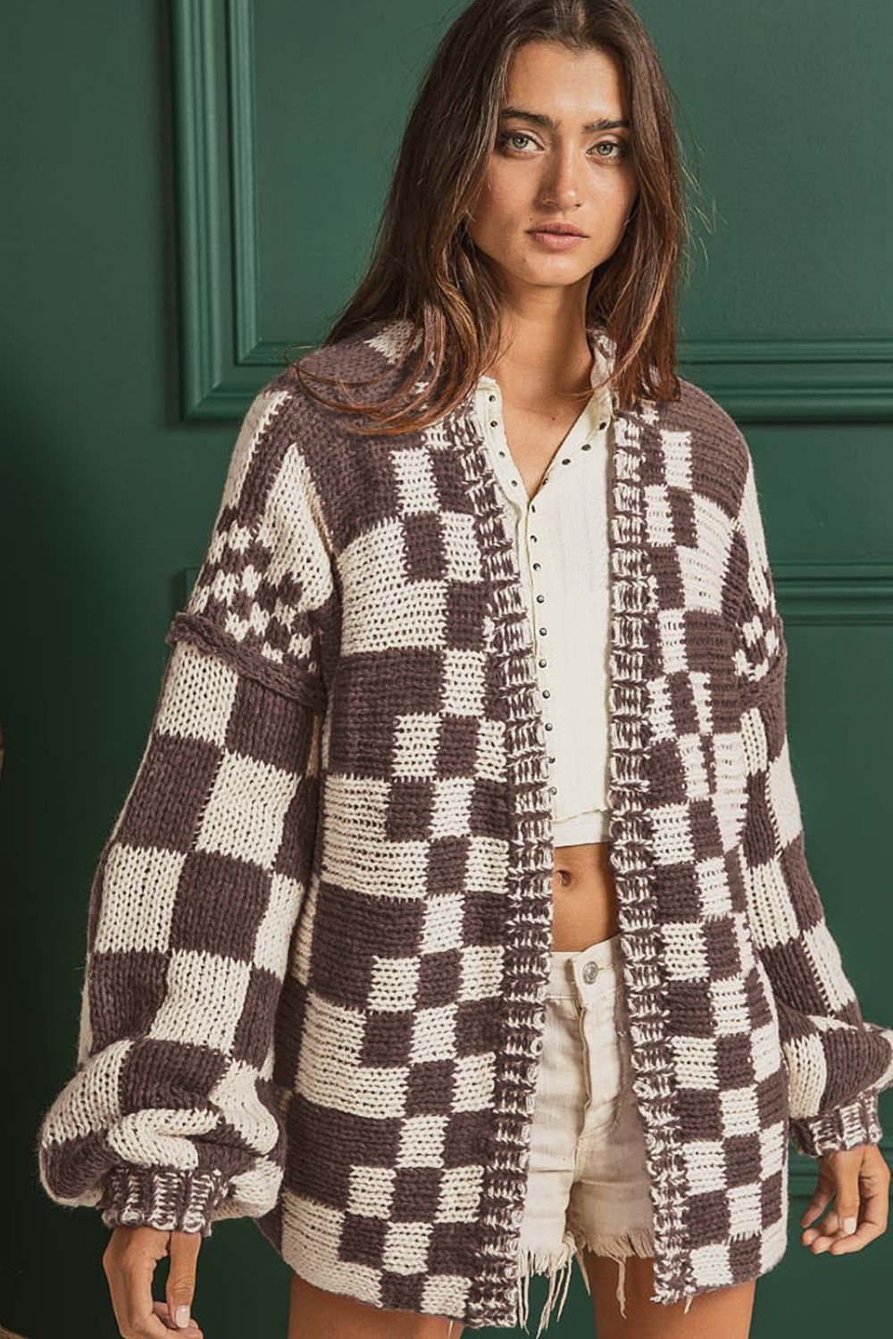 Checkered Open Front Long Sleeve Cardigan-Angel Casuals