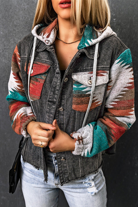 Drawstring Hooded Pocketed Denim Jacket-Angel Casuals