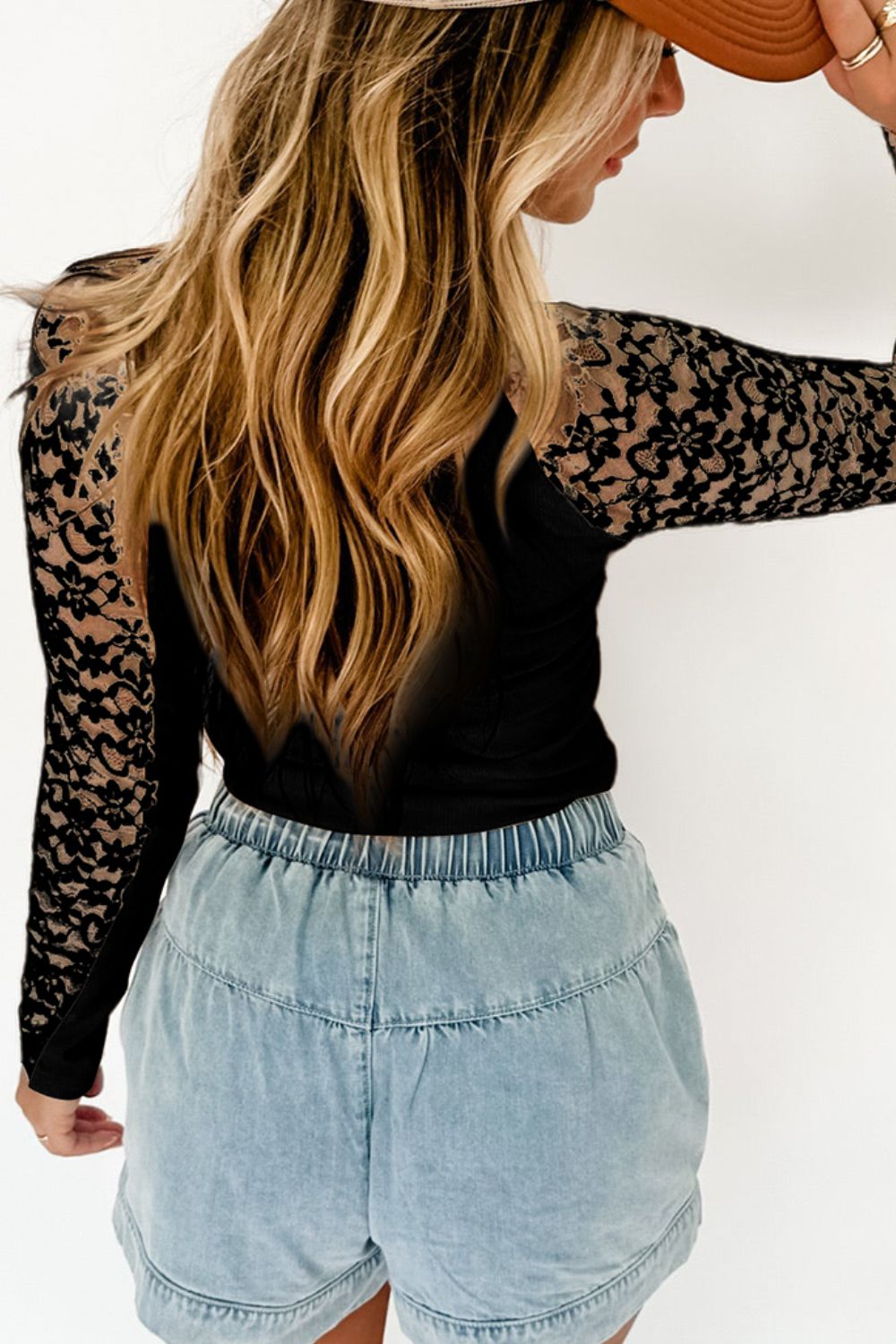 Mock Neck Long Sleeve Lace Patchwork T-Shirt-Angel Casuals
