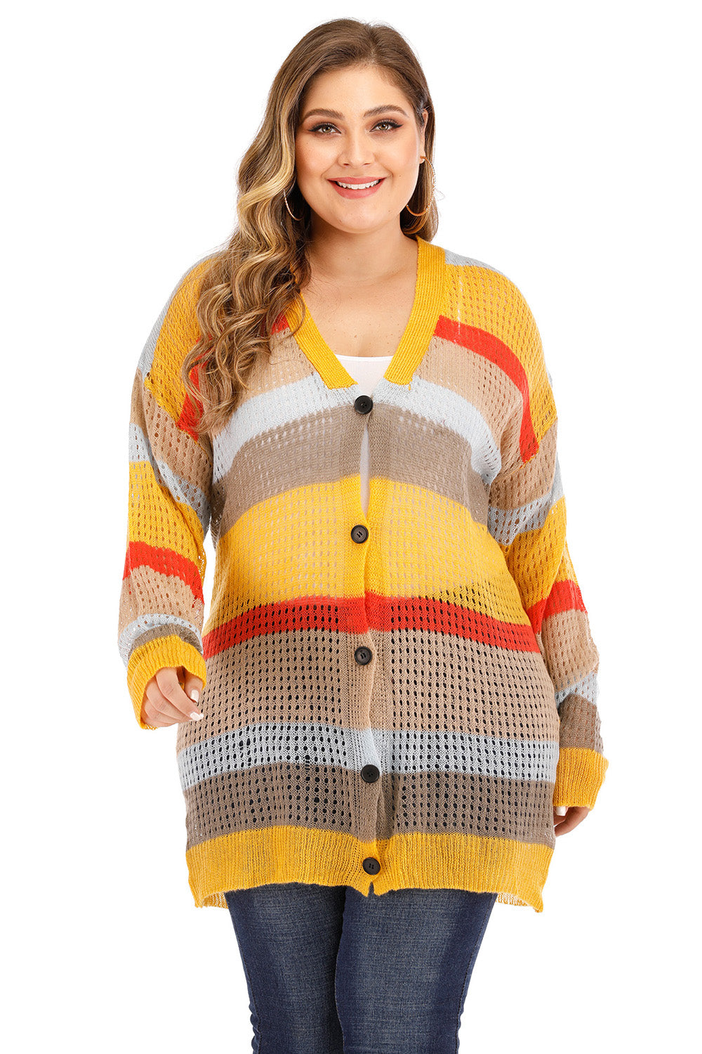 Plus Openwork Color Block Button Up Cardigan-Angel Casuals