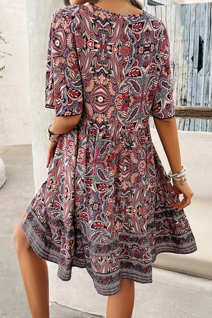 Printed V-Neck Half Sleeve Mini Dress-Angel Casuals